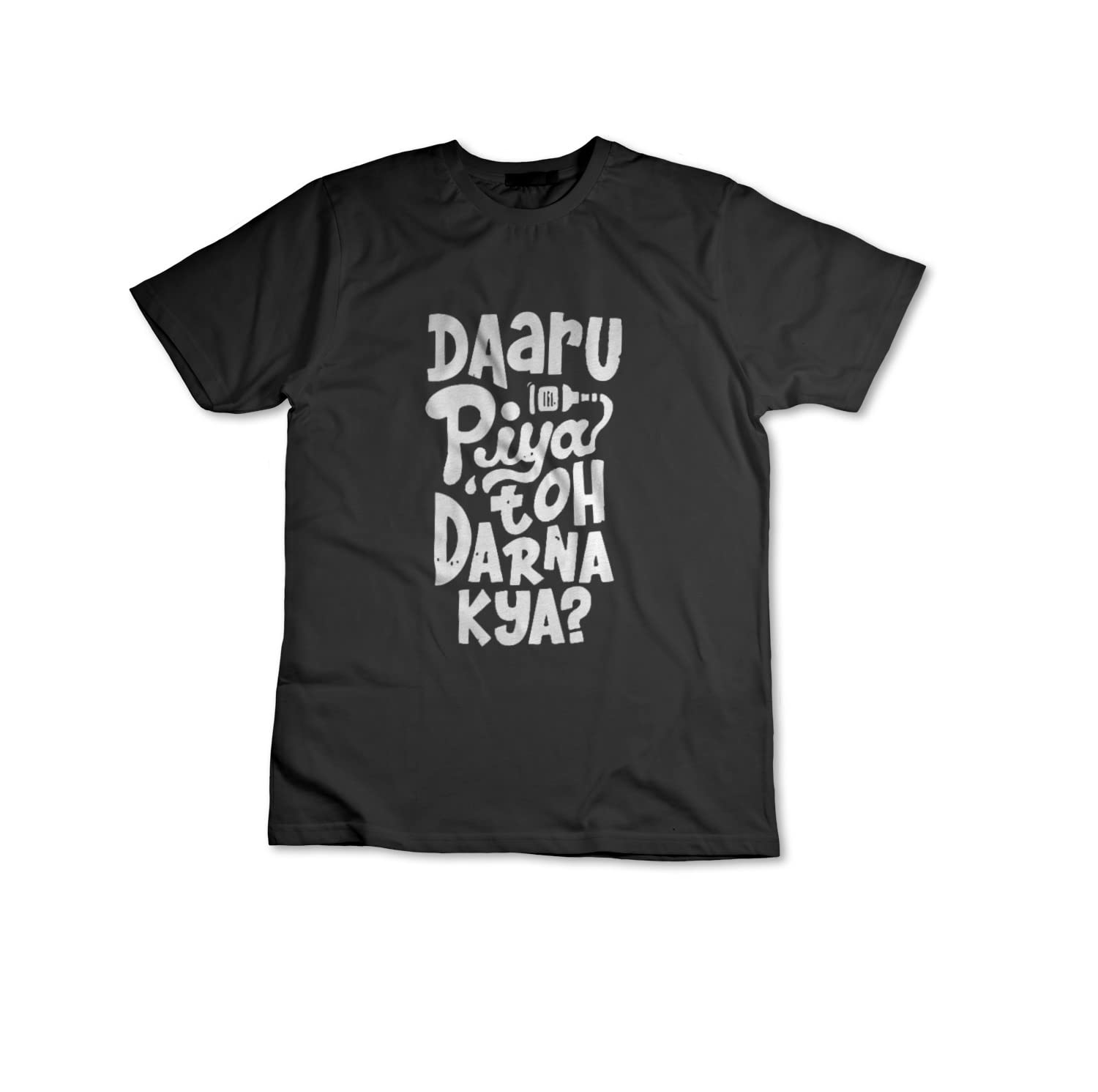 LIGHTNIING HAMMERZ Daru Piya Toh Darna Kya Printed T-Shirts for Men | Funky Prints Tshirt for Boys | Unisex Printed Round Neck Tshirts | Black Cotton Regular fit Tees |