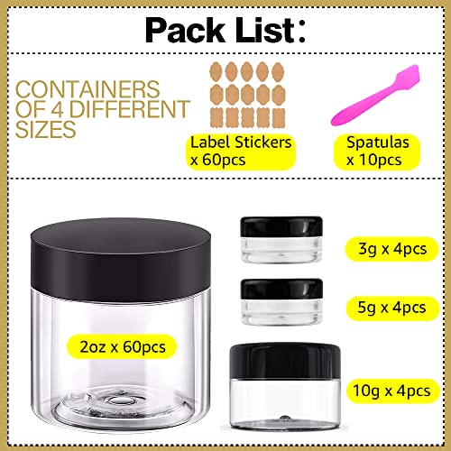 2 oz Plastic Containers with Lids 60pcs Plastic Jars with Lids + 3/5/10 Gram 12pcs Sample Containers Travel Jar– Great for Lip Scrub,Body Butters,Cream,Lotion Labels & Spatulas (72 Pack)4