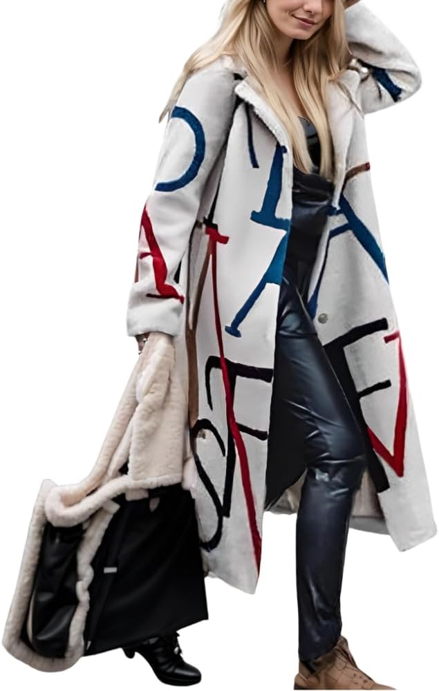 Women's Casual Floral Notched Lapel Button Down Long Woolen Coat Oversized Long Sleeve Jacket Outwear with 2 Pockets