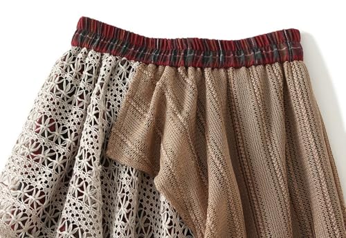 Womens Casual Pleated Skirt Asymmetrical Plaid Skirts Elastic High Waist Lace Stitching Skirt Loose for Prom Party2