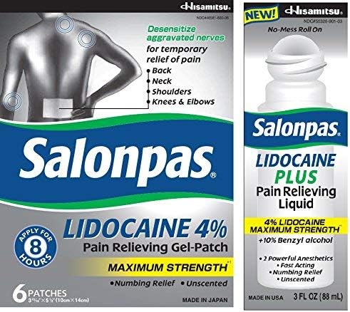 Salonpas LIDOCAINE Gel Patch and LIDOCAINE PLUS 3 oz Roll On Dolor Alivio Líquido