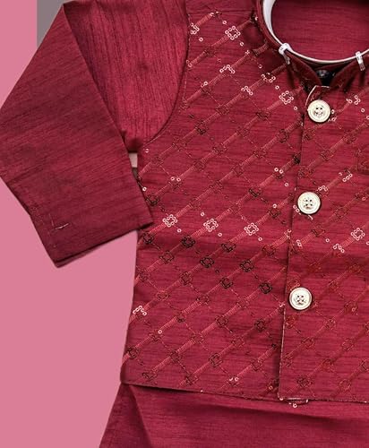 Image of Little Kids Ethnic Wear Kurta Pyjama and Waistcoat Set For Boys | Stylish Ethnic Wear | 3-piece set | Silk and Cotton Blend Fabric