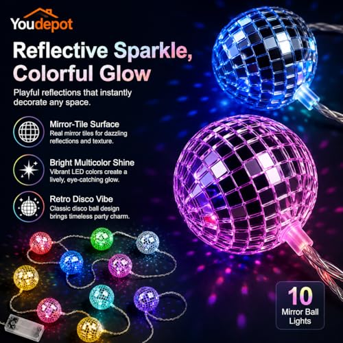 Youdepot - Bolas espejadas de discoteca de 8 pulgadas, paquete con 54 bolas espejadas mini y luces de cadena multicolor para fiestas miniatura 7