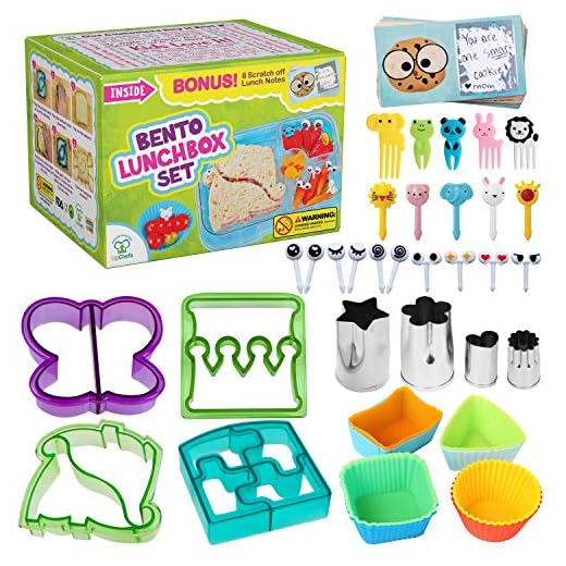 Lancheira Bento completa suprimentos e acessórios para crianças - Cortador sanduíche e removedor de massa de pão - Mini cortadores de biscoito de frutas vegetais - Divisores de copo de silicone - palitos de comida e notas de almoço