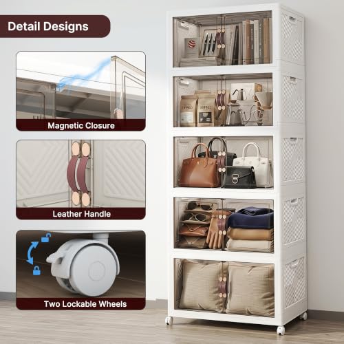 Image of Stackable Storage Bins with Lids, 550QT Lockable Storage Cabinet | Closet Organizers, Foldable Storage Box with Doors and Wheels, Plastic Drawers for Home, Garage, Office (5, White, Plus)