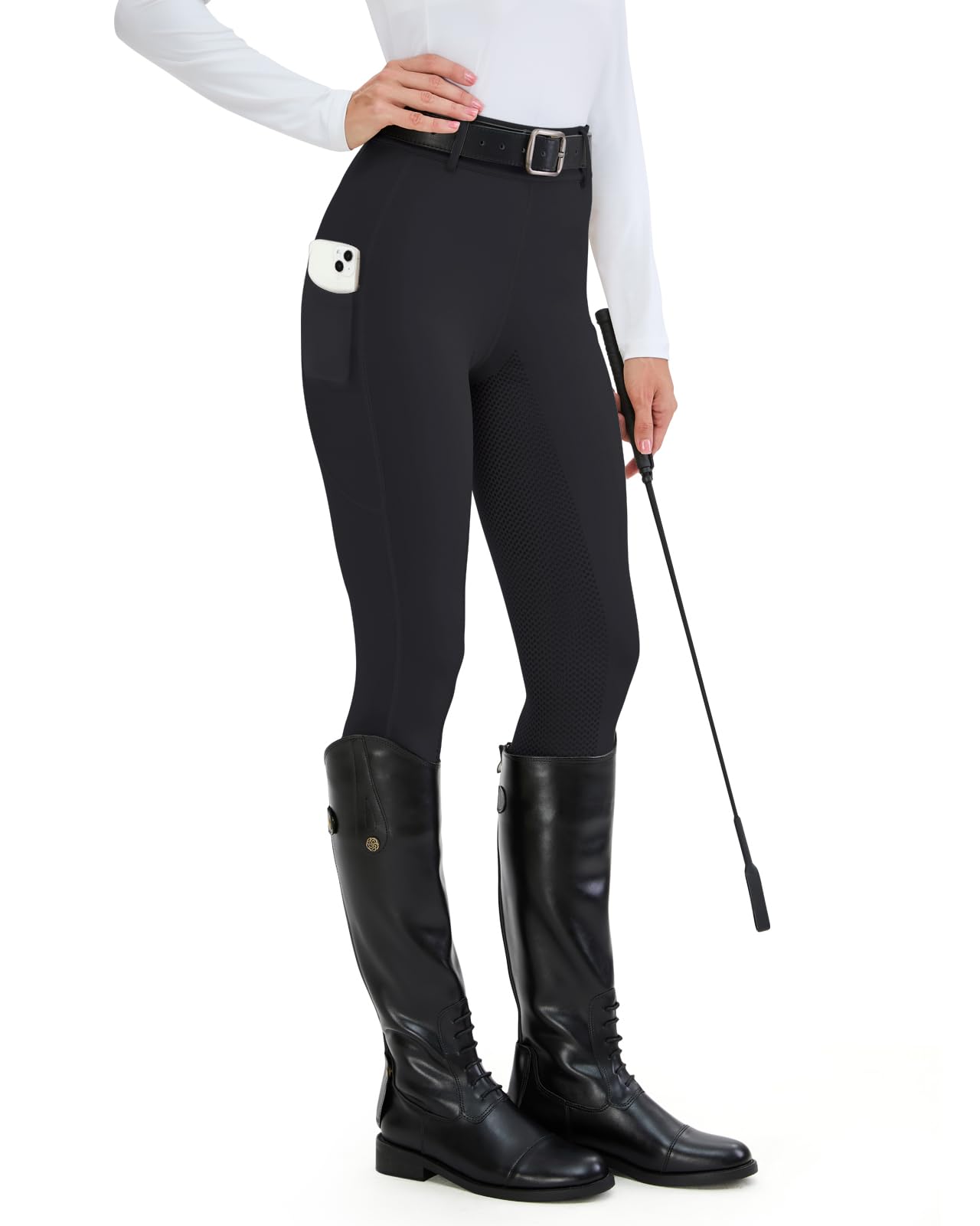 HMILES Damen Reitleggings Silikon Vollbesatz High Waist Elastische Reithose Damen mit Handytasche Gürtelschlaufen