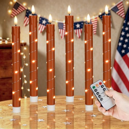 Image of JOIONE Flameless Taper Candles with Remote,6Pcs Flickering LED Xmas Decor | Reddish Brown, Battery Operated Candle Arounded with Starlight String, Christmas Home Decor for Living Room and Dining Table