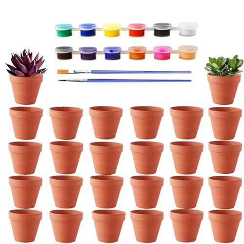 Abiemuce Mini Vasi in Terracotta 24 Pezzi 5 x 5,5 cm con Colori e Pennelli per Fai da Te, con Foro di Scarico per Piante e Casa