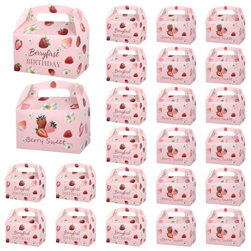 ShioShin 24 Pcs Strawberry Party Favor Box, 6.3 x 3.7 x 3.7 Inch Berry First Birthday Decor Bags Strawberry Party Decorations, Folding Paper Candy Treat Box for Baby Shower Decorations Supplies