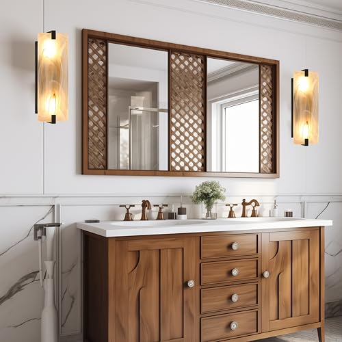 Image of 2 Pack 2 Light 15.7 inch Red Frosted Glass Bathroom Wall Sconce Modern Concise Style Wall Light Fixture,Black Finish for Bedroom Hallway Bedside