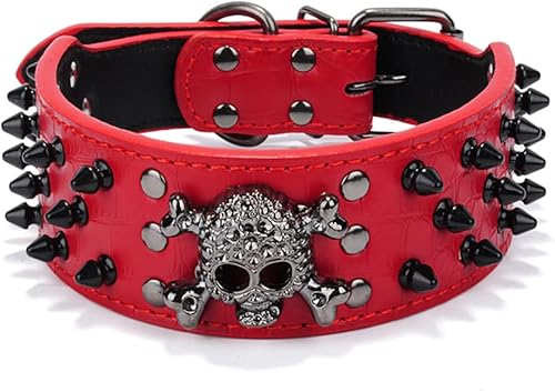 Collar de perro con tachuelas, collar de cuero de 2 pulgadas para perros medianos y grandes, Pit Bull Mastiff Bully Boxer (L 19-22 pulgadas, rojo-3)