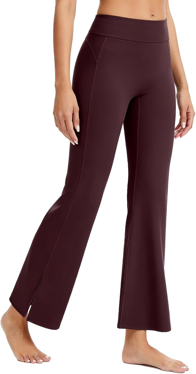 Women's High Waist Full-Length Flare Leggings with Side Slit - Tummy Control Butt Lifting Yoga Pants