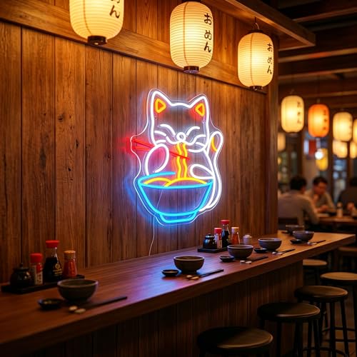 Image of Cat Ramen Neon Sign for Wall Decor Led Neon Lights Cat Ramen Light Up Signs for Birthday Party Club Gift