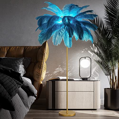 Vorderry Natural Ostrich Feather Floor Lamp, White, Gold And Pink Atmosphere Feather Lamp, Eye Protection Reading Lamp, Bedroom, Living Room Corner Decoration Lamp (Sky Blue) #TOP6