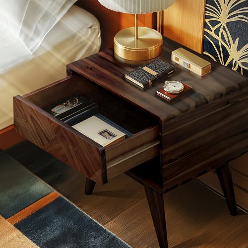 Image of Laden Solid Acacia Wood Nightstand with Storage Drawer, Mid-Century Modern Art Deco Design, End Table for Bedroom & Living Room, Scratch & Water-Resistant, Easy Assembly, Walnut