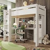 Design multifonctionnel : ce lit loft moderne blanc minimaliste combine un espace de couchage, un espace de travail et un espace de rangement pour maximiser l'espace vertical.Le niveau inférieur comprend trois étagères, trois tiroirs et un bureau avec des ports de charge USB et Type-C, tandis que le niveau supérieur est un lit simple de 90x200 cm. Cette conception intégrée permet non seulement d'économiser de l'espace, mais offre également une multitude de solutions de rangement.
