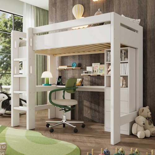YEHTOKHOME Lit loft Multifonctionnel 90x200cm avec Bureau en L, étagères et 3 tiroirs,Simple lit Mezzanine en Bois avec escalier,Port de Charge USB et...