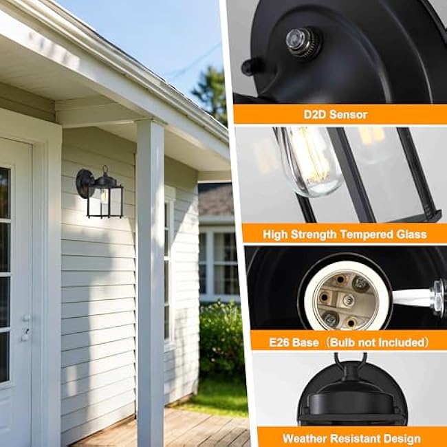 GRUENLICH Dusk to Dawn Outdoor Wall Lantern, Exterior Wall Sconce Light Fixture, Outside Porch Lighting with Clear Glass for House, Patio, Matte Black, 4 Pack