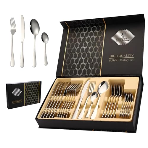 Set Di Posate in Acciaio Inox Argenteria con Confezione Regalo-24 Pezzi,Set di Posate per 6 Persone, con Cucchiaio, Coltello e Forchetta, Processo di Lucidatura a Specchio,Lavabile in Lavastoviglie