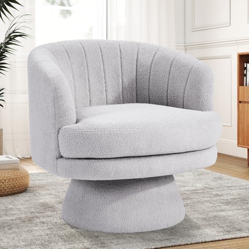 CANMOV Swivel Accent Chair with Armrest, Modern 360 Degree Swivel Barrel Chair with Curve Back and Soft Cushion,Comfy Round Sherpa Teddy Armchair Single Sofa for Living Room,Bedroom, Light Grey