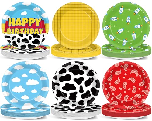 60 Pcs Cartoon Story Party Paper Plates Toy Inspired Themed Party Supplies 7 Cow Print Sky Blue Cloud Paper Plates Tableware Set Cartoon Story Disposable Dessert Dish for Boys Birthday Parties Decor