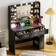 COMHOMA Vanity Desk with Lighted Mirror and Power Outlet, RGB LED Lights Makeup Vanity Set for Girls, Large Storage Capacity Dressing Table for Bedroom, 3 Lighting Modes Adjustable Brightness, Black