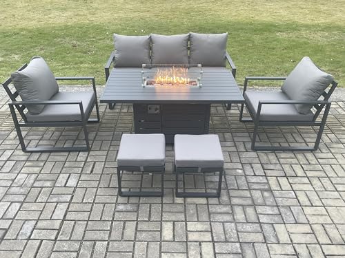 FMSGarden Aluminum Outdoor Garden Furniture Set Gas Fire Pit Dining Table Set with 2 Arm Chair 2 Small Footstools Dark Grey 7 Seater