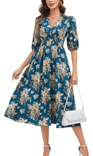 Image of Kormei Women Casual Boho V Neck 3 /4 Sleeve Smocked Waist A Line Flowy Swing Midi Dress Smocked Long Dress