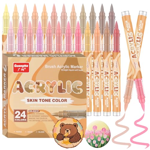 Funnasting Nuances de Peau Feutre Acrylique 24 Couleurs Résistantes à l'Eau Marqueur, Pointe de Pinceau Souple Feutres Acrylique Coloriage Adulte, Peinture sur Roches, Verre,Tasses,Bois,DIY