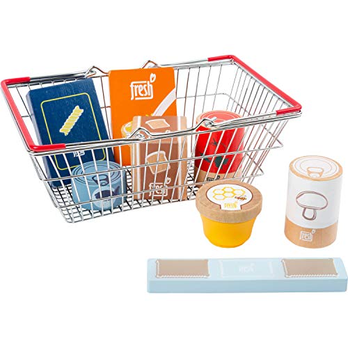 Small Foot 11443 Conjunto de Alimentos en la Cesta de Compra Fresh (Fresco) de Madera Maciza, Juego de Accesorios para la Cocina de los niños y la Tienda del Mercado