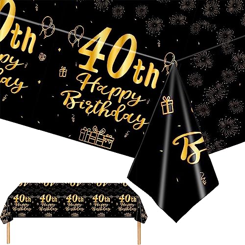 YTUGCG 40th Birthday Table Cloth, 137x274cm Black and Gold 40th Birthday Party Table Decoration, Plastic Disposable Waterproof Rectangular Table Cover for Women, Birthday Gifts Party Table Decoration