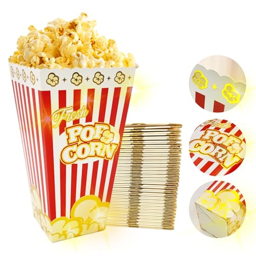 Image of SNAIL GARDEN 30Pcs 46oz Large Popcorn Boxes for Movie Night with Gold Border, Hollywood Birthday Party - Disposable Red /White Stripes Snack Containers, Durable Food Boxes
