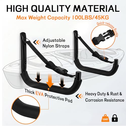 Image of Kayak Storage Rack, Heavy Duty Wall Mount Kayak Hanger for Secure Storage, Garage Hooks for Kayaks, SUP Paddle Boards, Canoes, Surfboards