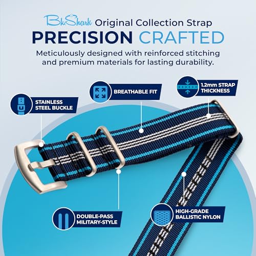 Image of BluShark - Original Collection Military-Style Waterproof Watch Strap, Fits All Timepiece Brands, Durable Nylon Wristwatch Accessories with Stainless Steel Buckle - 18mm, 20mm, 22mm & 24mm Watch Bands