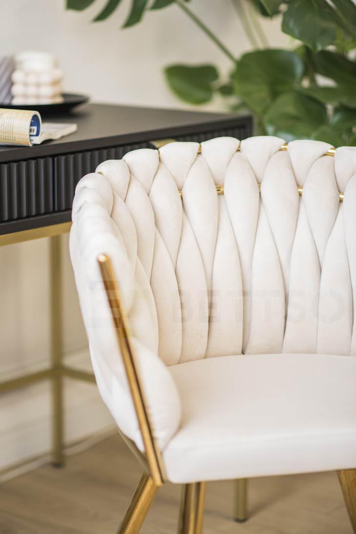 BETTSO - Larissa - Upholstered chair - with braided/woven backrest - velour/velvet - golden metal legs - office chair - dressing table - dining room - velvet beige Product Image 6