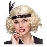 WOOOOZY NEU Perücke Damen Kurzhaar Bob Pagenkopf mit Locken und Paillettenband, Charlston 20er, Flirty Flapper, blond - mit Haarnetz