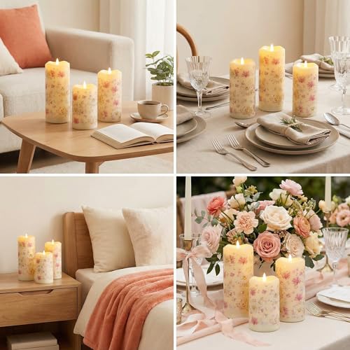 Image of Eywamage Fiber Optic Flameless Pillar Candles with Remote, Floral Butterfly Summer LED Candles Flickering Home Decor Gift Set of 3