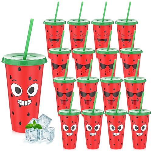 Acellegic 16 Pcs 24 oz Watermelon Cup with Lids and Straws Reusable Cute Drinking Cups Watermelon Tumbler Water Bottles for Summer Party Graduation Hawaiian Birthday