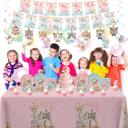 142 Pcs Cat Kitten Party Decorations - Serves 20, Includes Plates, Banners, Cake Topper, Napkins, Tablecloth for Cat Themed Birthday Party