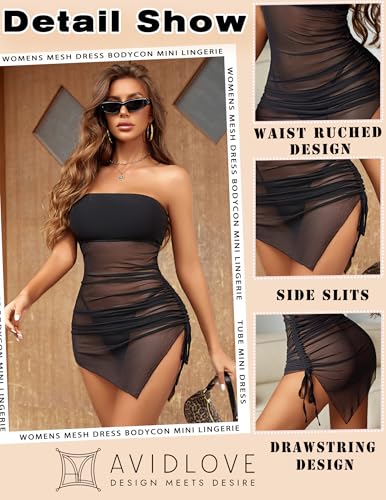 Image of Avidlove Womens Mesh Bodycon Mini Lingerie Dress Y2k Clubwear Outfits | Y2K Mesh Dress, Ruched Drawstring Waist, Sexy Side Slits, Tube Top Backless, Night Clubwear, Mini-length, Sleeveless
