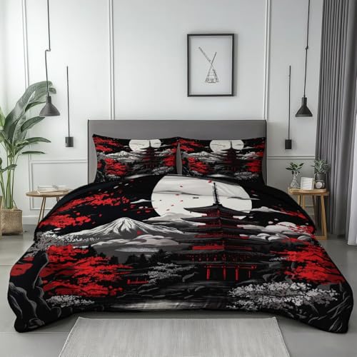 Funda Nordica Suave Microfibra 200 x 200 cm con Cremallera y 2 Funda de Almohada, Negro Reversible Ropa de Cama de Verano Arquitectura Oriental Tradicional Y Japonesa Tema para Cama 105