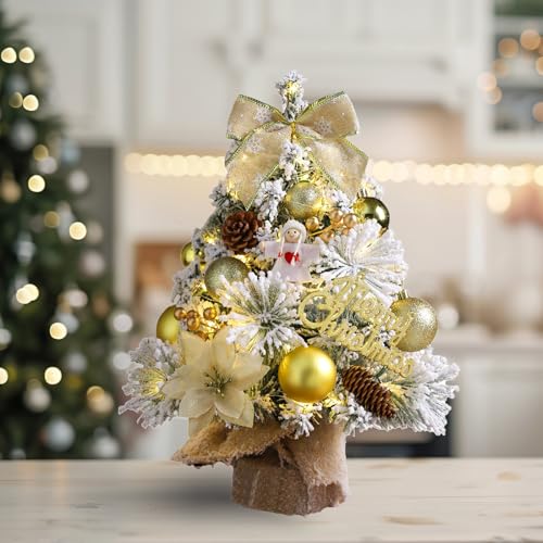Árvore de Natal de 45,7 cm dourada com flocos de neve, mini árvores de Natal artificiais com bolas d
