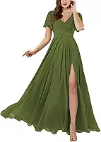 Vestidos femininos de dama de honra com gola V e mangas 2025 longo evasê chiffon vestido formal para noite com bolsos