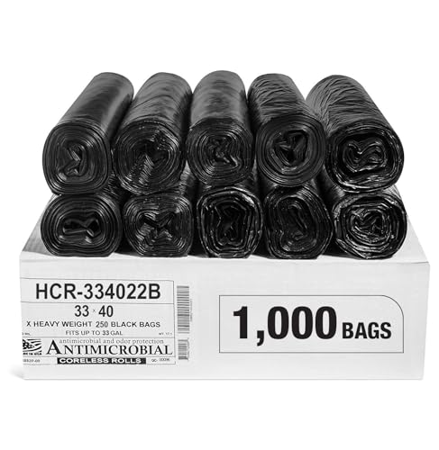 Image of Aluf Plastics High Density Trash Bags, 33 Gallon, 1000 Count, 22 Micron (eq), 33 inch x 40 inch, Black, for Bathroom, Office, Industrial, Commercial, Janitorial, Municipal, Recycling