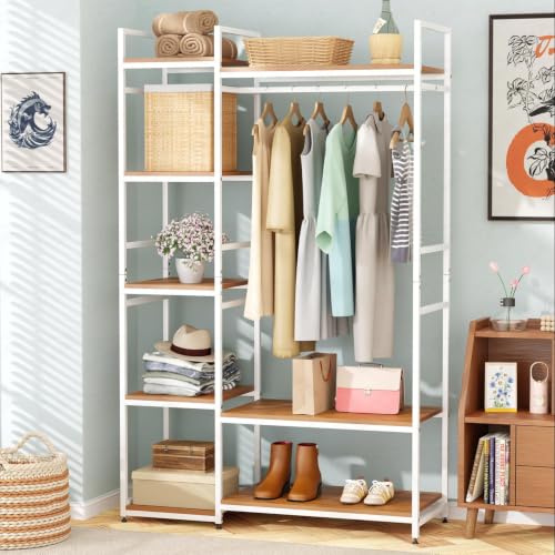 Image of Lukzer Heavy Duty Garment Rack with 8 Shelves & Hanging Rod | Free-Standing Modern Clothes Stand Metal & Engineered Wood Shoe Rack with Adjustable Foot Pads for Living Room - MMR-004 /White & Oak Brown