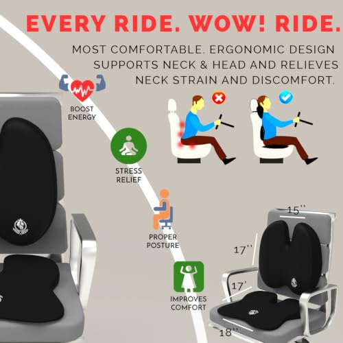 Image of MRRON Car Seat and Coccyx Pillow Kit Memory Foam Back Support and Siting Cushion Ergonomic Adjust Sitting Position Relief Pain for Car or Office Chair (Black, Backpro)