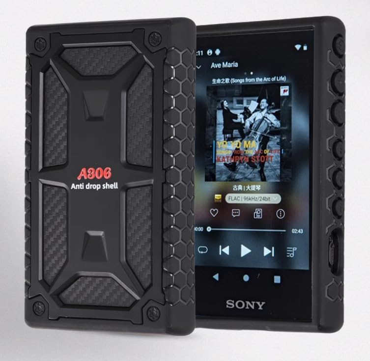 Dual Layer Shockproof TPU Carbon Fiber Textured Hard Rugged Protective Skin Cover Shell Case for Sony Walkman NW-A300 Series NW-A306 NW-A307 (Black)