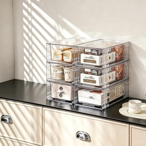 Image of PiJeyiee Clear Acrylic Stackable Storage Drawers, Plastic Refrigerator Organizer Bins with Handles for Undersink, Cabinet, Fridge, Closet, Pantry, Office, Bathroom, Kitchen(6 Pack)