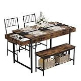 GarveeHome Dining Table Set for 4, Small Kitchen Table and 2 Chairs for 4 with Bench, Space Saving Kitchen Table Set with Storage Rack & Drawers, Breakfast Nook Rectangular Farmhouse Table Set,Retror