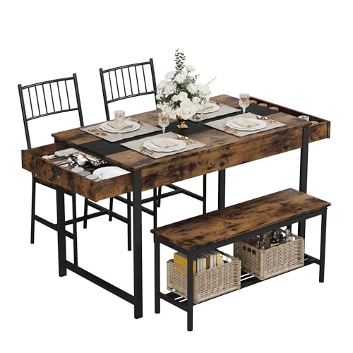 GarveeHome Dining Table Set for 4, Small Kitchen Table and 2 Chairs for 4 with Bench, Space Saving Kitchen Table Set with Storage Rack & Drawers, Breakfast Nook Rectangular Farmhouse Table Set,Retror